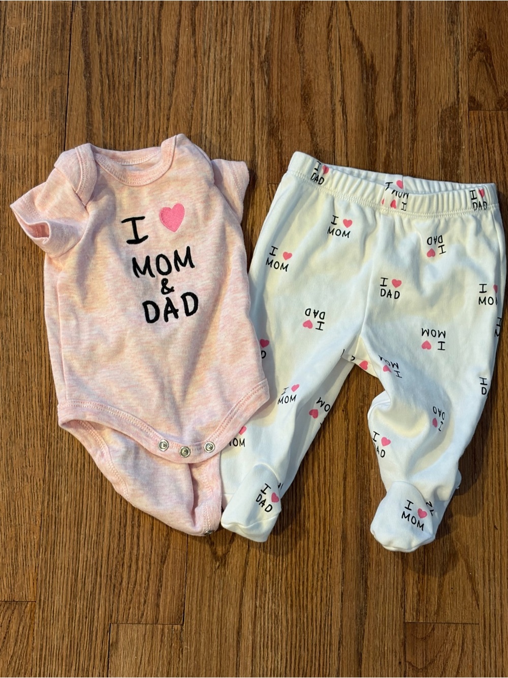 I ♥ Mom & Dad Pink Baby One-Piece and Footed Pants Set | 3 months